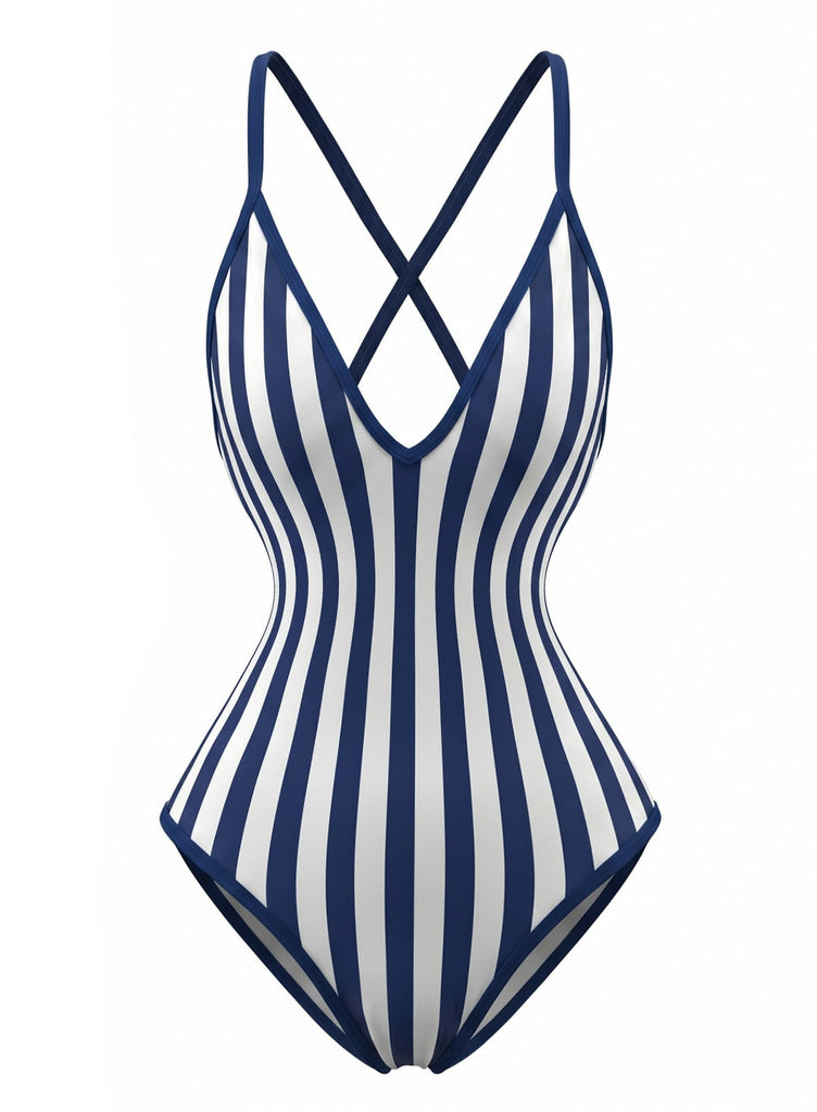 Marineblauer 80er Badeanzug mit Streifen