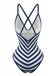 Marineblauer 80er Badeanzug mit Streifen und Criss