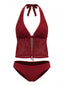 Tiefrotes 60er Tankini-Set mit Häkel-Mesh und Neckholder