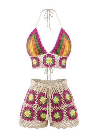 Cremefarben 80er Strick- & Cover-Up mit Neckholder und Blumen