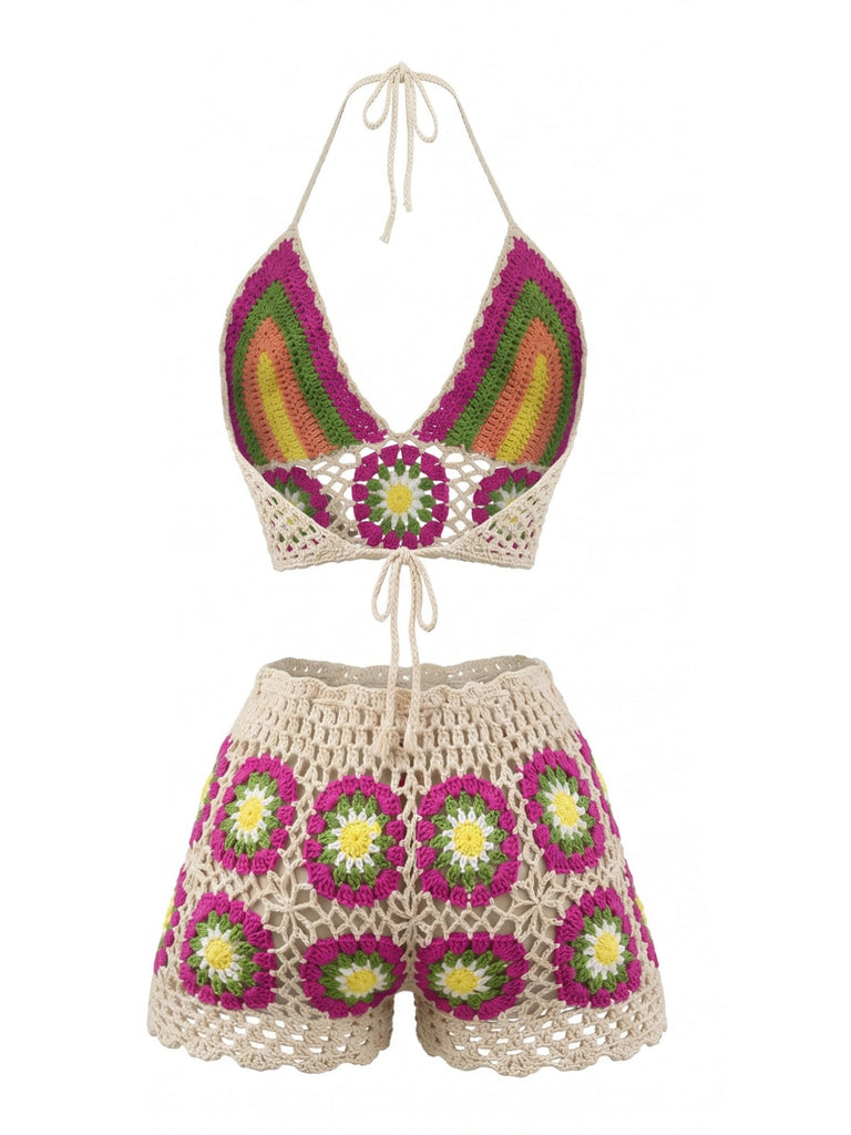 Cremefarben 80er Strick- & Cover-Up mit Neckholder und Blumen