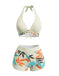Hellgelbes 50er Bikini-Set mit Blätter-Print und Neckholder