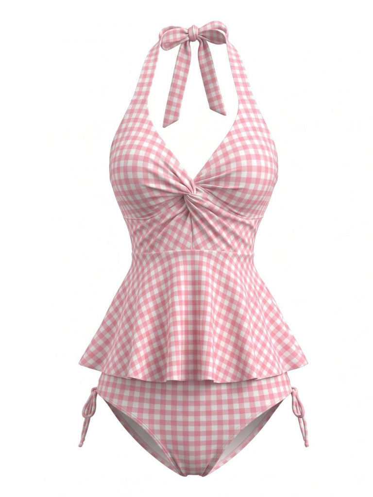 Rosa 50er Gingham-Tankini-Set mit Neckholder und Rüschen