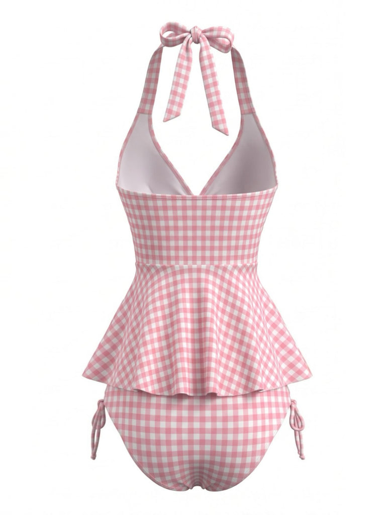 Rosa 50er Gingham-Tankini-Set mit Neckholder und Rüschen
