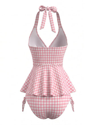 Rosa 50er Gingham-Tankini-Set mit Neckholder und Rüschen