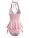 Rosa 50er Gingham-Tankini-Set mit Neckholder und Rüschen