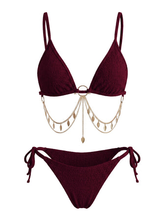 60er Bikini-Set mit Goldkette und gerippt in Weinrot
