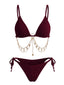 60er Bikini-Set mit Goldkette und gerippt in Weinrot