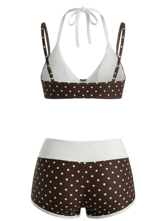 Brauner 50er Badeanzug mit Polka-Dots und Doppelt
