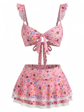 40er Bikini-Set mit Streublumen und Rüschenträgern