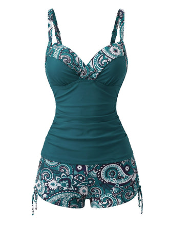 Grünes 70er Boho-Tankini-Set mit Paisley-Print und V-Ausschnitt