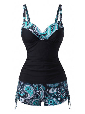 Schwarzes 70er Boho-Tankini-Set mit Paisley-Print und V-Ausschnitt