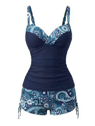Blaues 70er Boho-Tankini-Set mit Paisley-Print und V-Ausschnitt