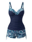 Blaues 70er Boho-Tankini-Set mit Paisley-Print und V-Ausschnitt