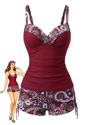Rotes 70er Boho-Tankini-Set mit Paisley-Print und V-Ausschnitt