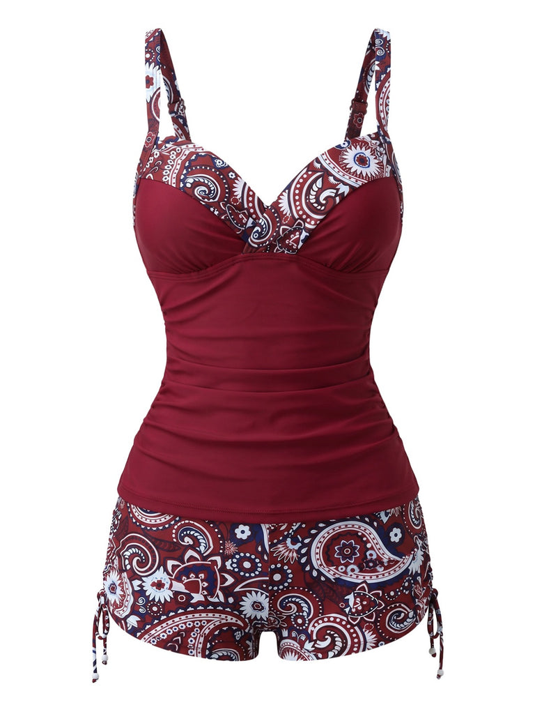 Grünes 70er Boho-Tankini-Set mit Paisley-Print und V-Ausschnitt