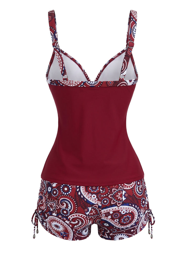 Grünes 70er Boho-Tankini-Set mit Paisley-Print und V-Ausschnitt