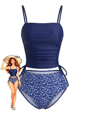 Marineblaues 50er Tankini-Set mit Blumen und Kordelzug-Taille