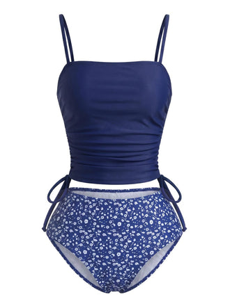 Marineblaues 50er Tankini-Set mit Blumen und Kordelzug-Taille
