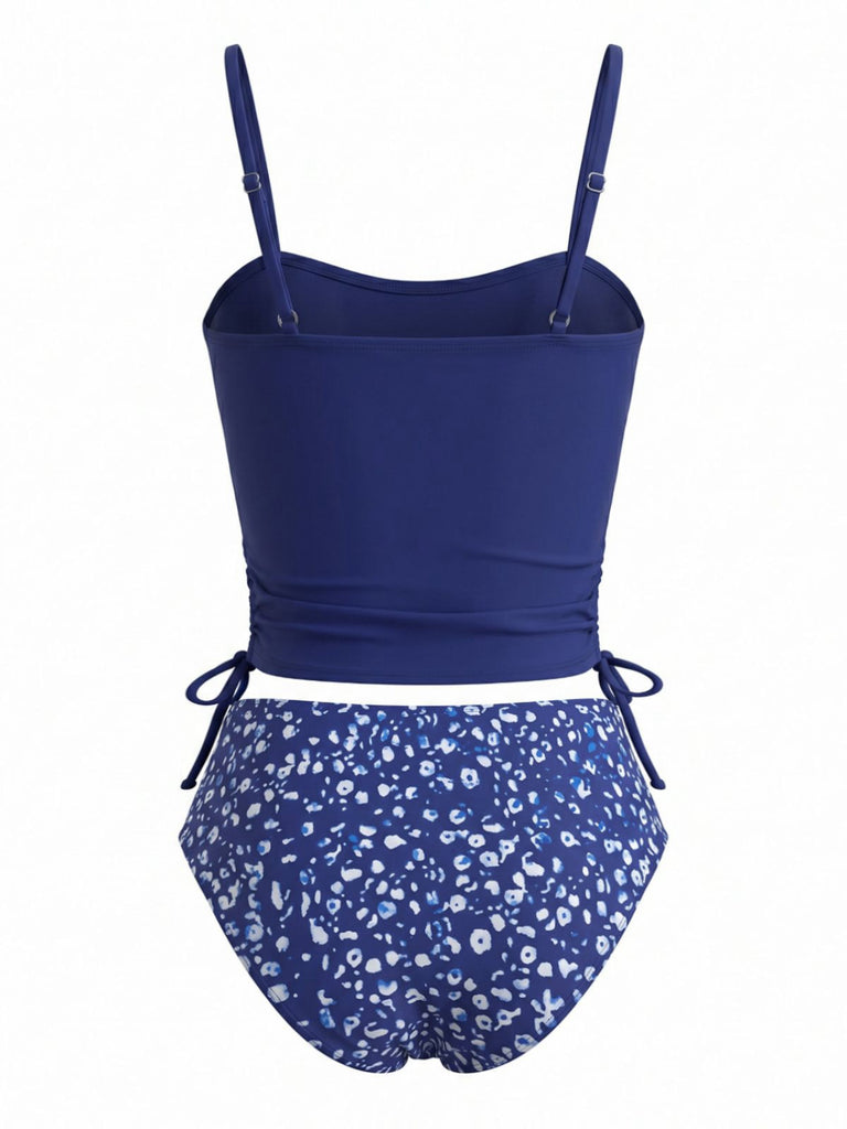 Marineblaues 50er Tankini-Set mit Blumen und Kordelzug-Taille