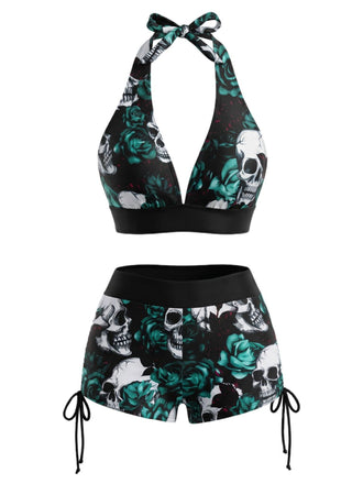 80er Bikini-Set mit Neckholder und Totenkopf