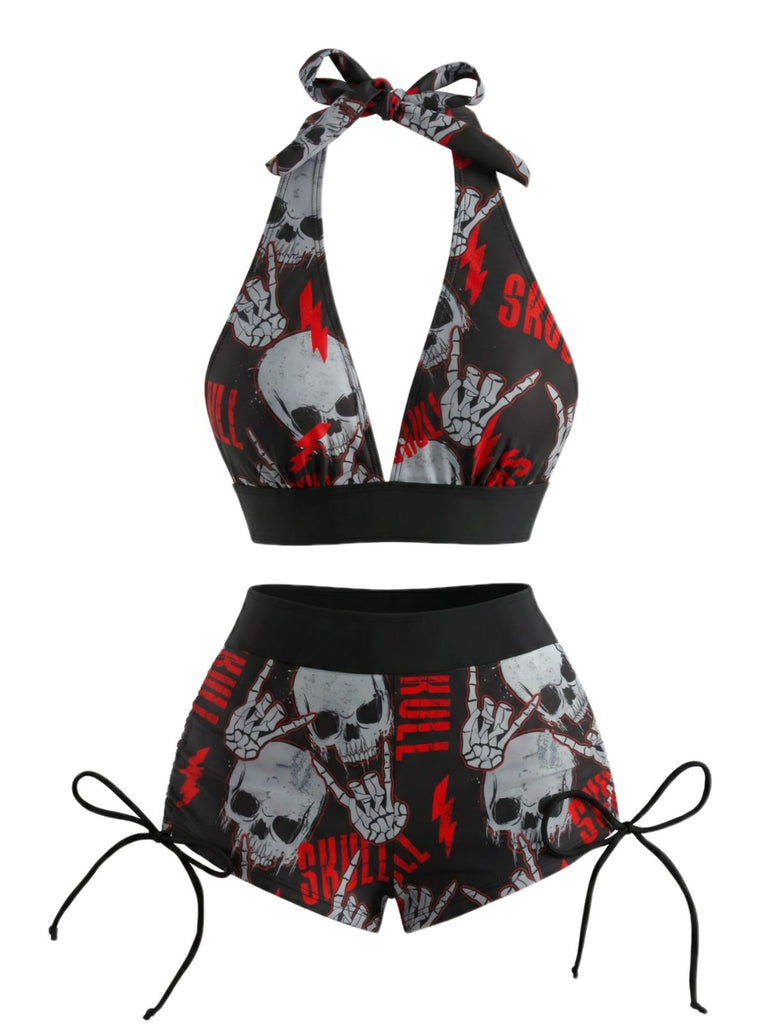 80er Bikini-Set mit Neckholder und Totenkopf