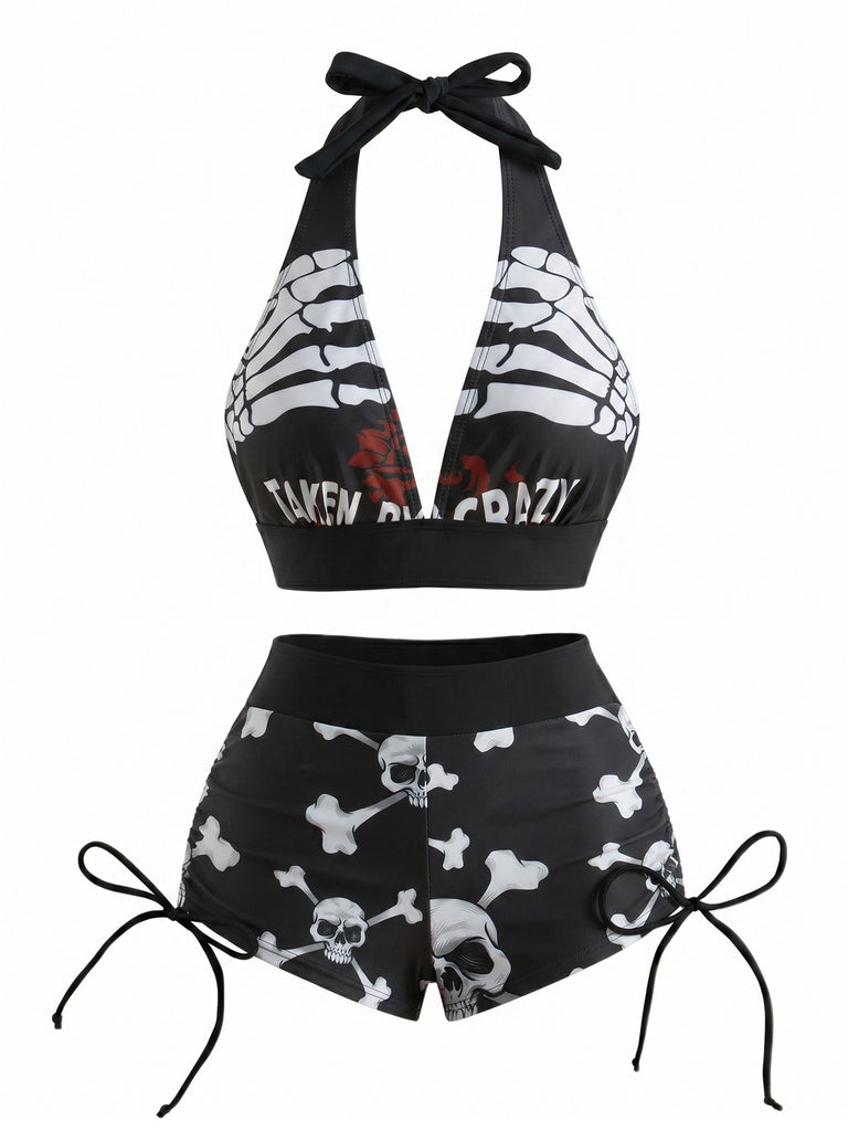 80er Punk Bikini-Set mit Totenkopf und Neckholder in Rot