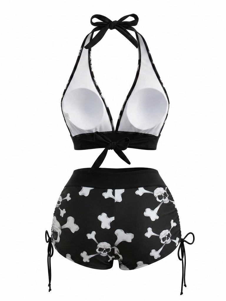 80er Punk Bikini-Set mit Totenkopf und Neckholder in Rot