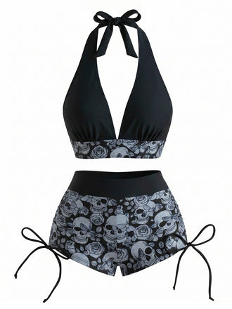 80er Punk Bikini-Set mit Totenkopf und Neckholder in Dunkelgrau