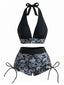 80er Punk Bikini-Set mit Totenkopf und Neckholder in Dunkelgrau