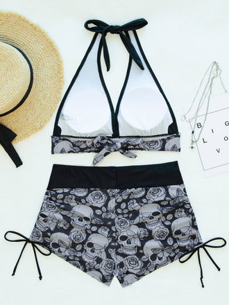 80er Punk Bikini-Set mit Totenkopf und Neckholder in Dunkelgrau