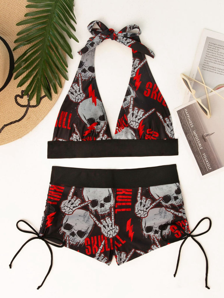 80er Punk Bikini-Set mit Totenkopf und Neckholder in Rot