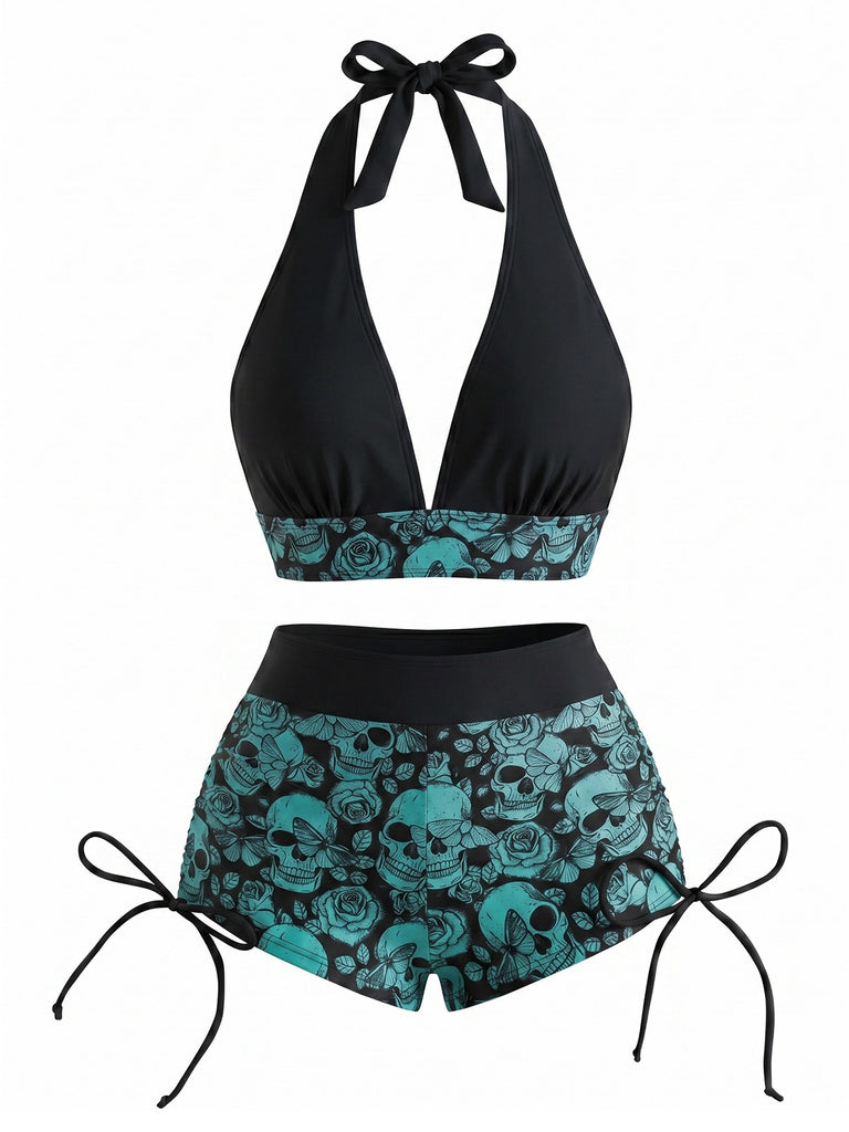 80er Punk Bikini-Set mit Totenkopf und Neckholder in Rot