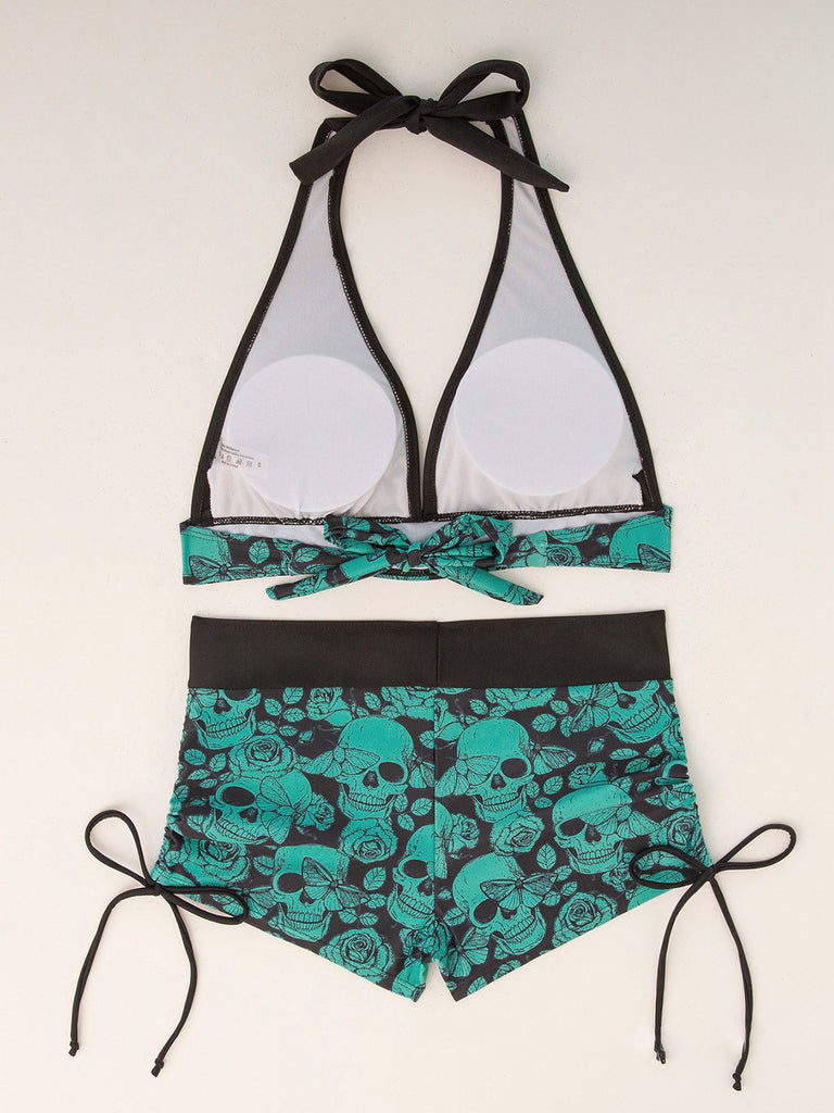 80er Punk Bikini-Set mit Totenkopf und Neckholder in Rot
