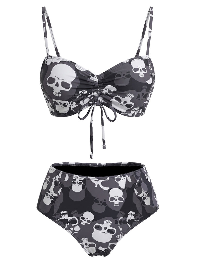 Schwarzes 80er Gothic Bikini-Set mit Kordelzug und Totenkopf