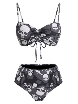 Schwarzes 80er Gothic Bikini-Set mit Kordelzug und Totenkopf