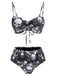 Schwarzes 80er Gothic Bikini-Set mit Kordelzug und Totenkopf