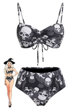 Schwarzes 80er Gothic Bikini-Set mit Kordelzug und Totenkopf