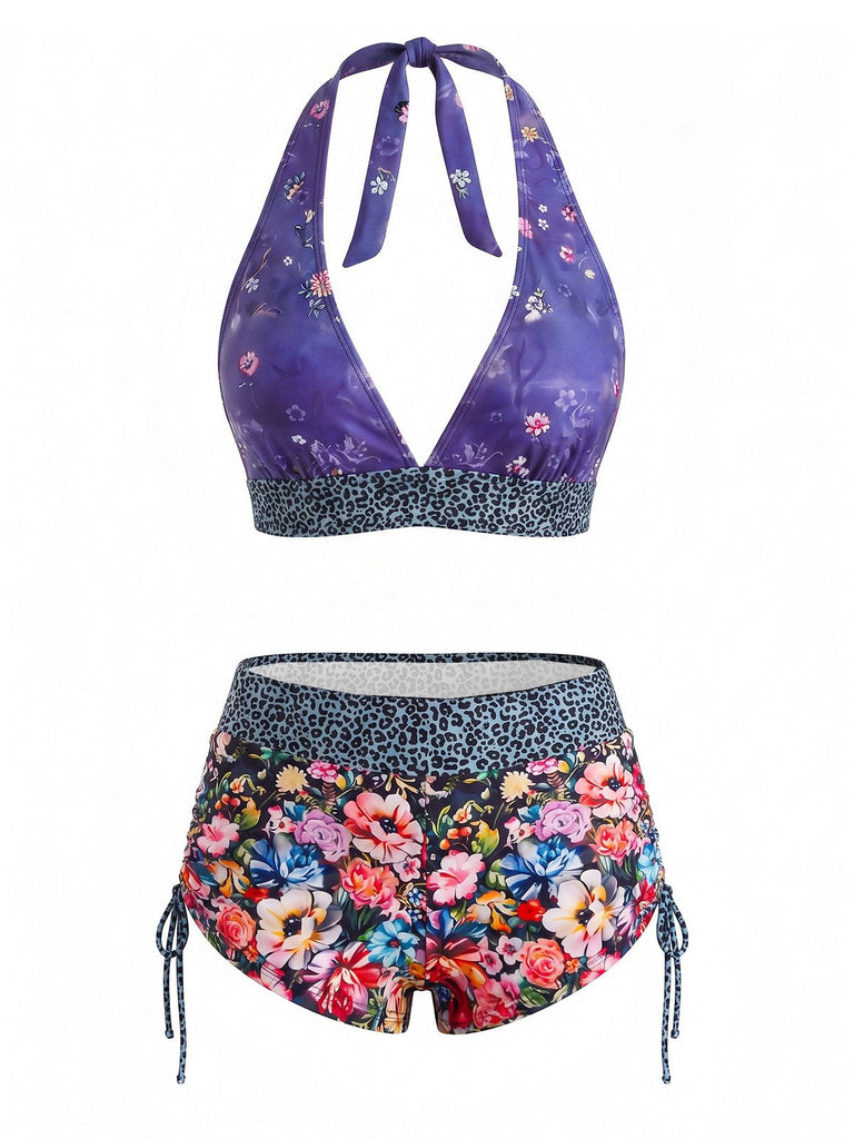 Buntes 80er Gothic-Bikini-Set mit Sugar Skull und Neckholder