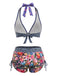 Buntes 80er Gothic-Bikini-Set mit Sugar Skull und Neckholder