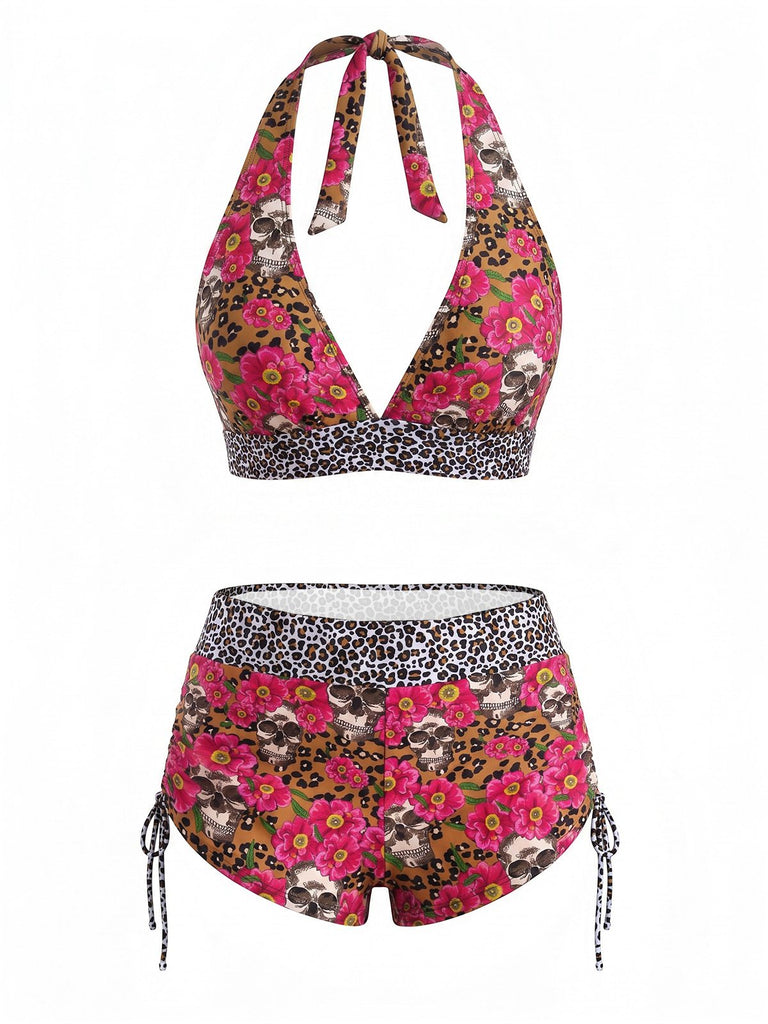 Buntes 80er Gothic-Bikini-Set mit Sugar Skull und Neckholder