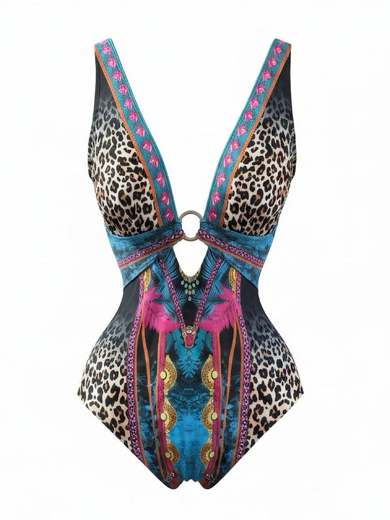 80er Badeanzug mit Leoparden-Print und tiefem V-Ausschnitt