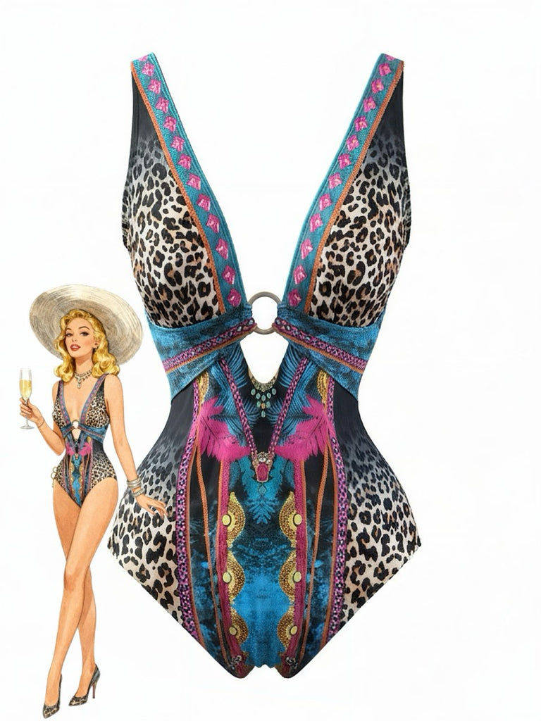 80er Badeanzug mit Leoparden-Print und tiefem V-Ausschnitt