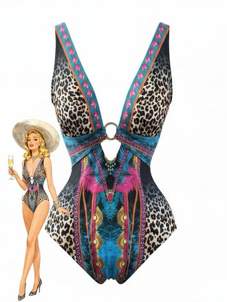80er Badeanzug mit Leoparden-Print und tiefem V-Ausschnitt