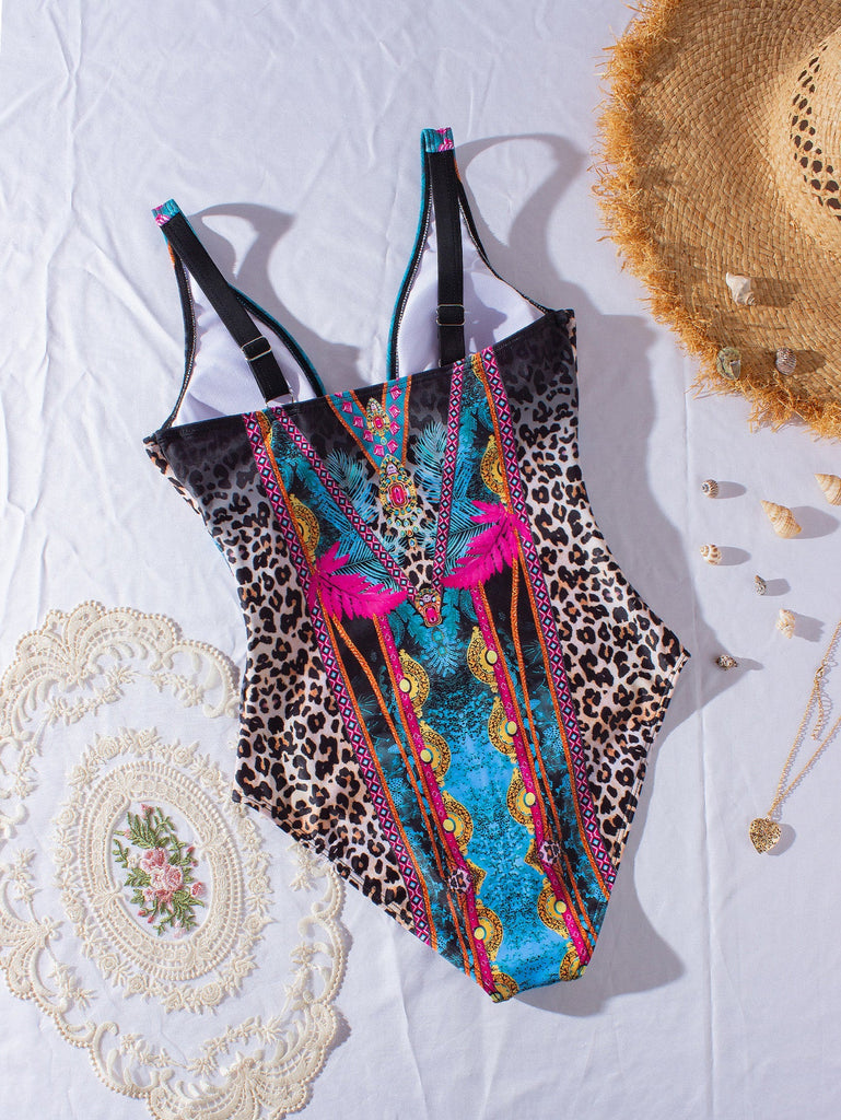 80er Badeanzug mit Leoparden-Print und tiefem V-Ausschnitt
