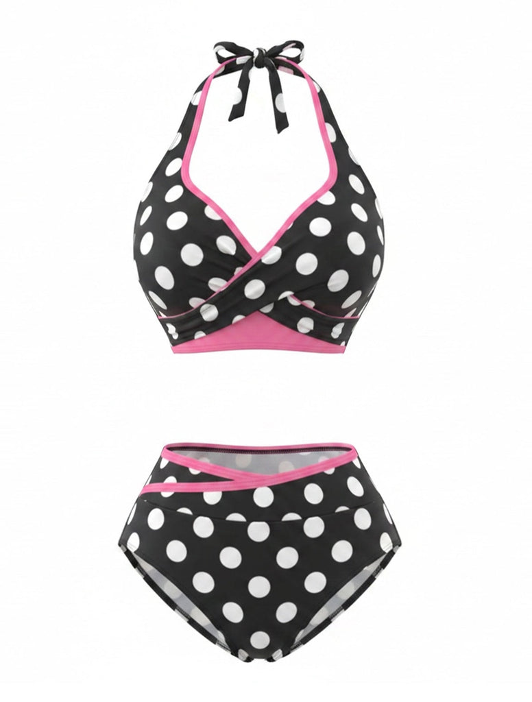 Schwarz 80er Bikini-Set & Shorts mit Polka-Dots und Wickel