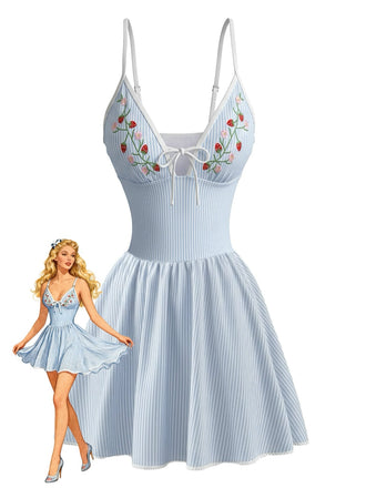 Blaues 80er Badekleid mit Blumen und Stickerei