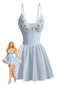 Blaues 80er Badekleid mit Streifen und Erdbeer-Blumenstickerei