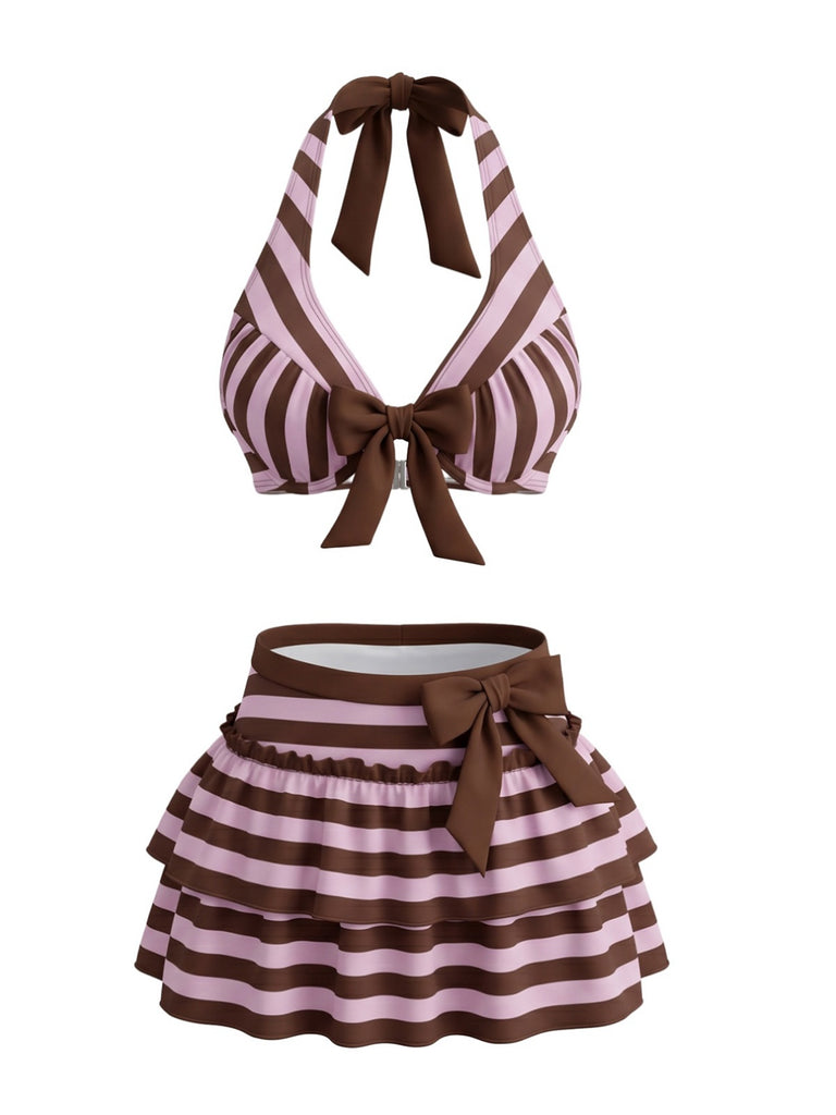 50er Neckholder-Bikini-Set & Rüschen-Cover-Up mit Streifen