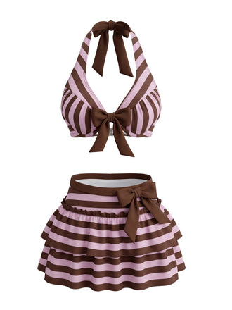 50er Neckholder-Bikini-Set & Rüschen-Cover-Up mit Streifen